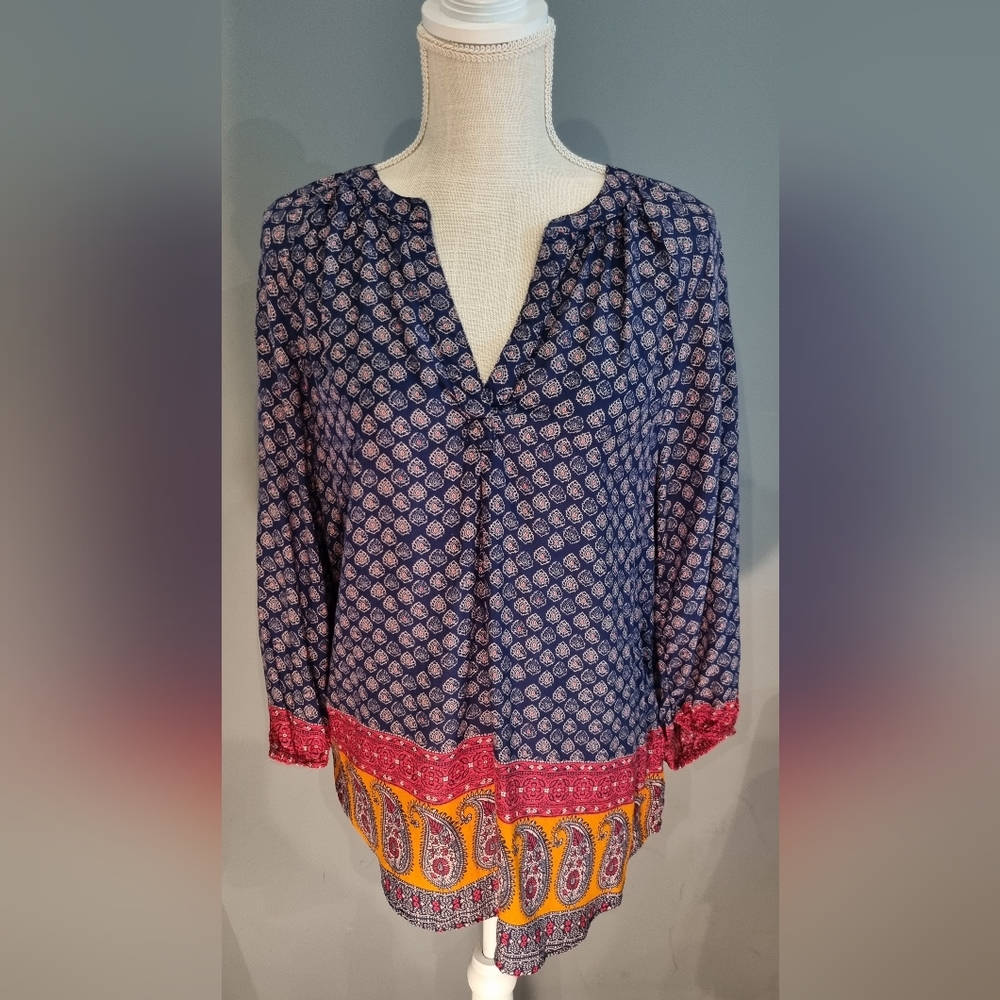 BLL New York Women's medium boho blue red orange shirt. 3/4 length sleeves
